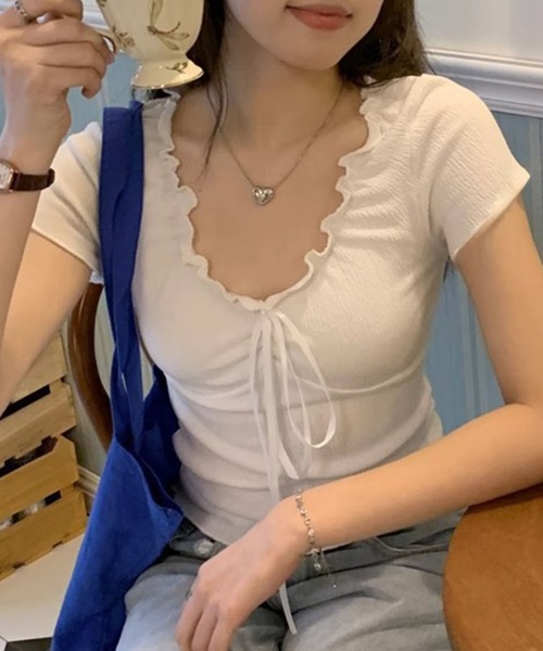 WESTSEA(ウエストシー)の「リボンデザイン フリルネック シャーリング半袖トップス(Tシャツ/カットソー・レディース・オフホワイト/ピンク・FREE)」の4枚目の写真