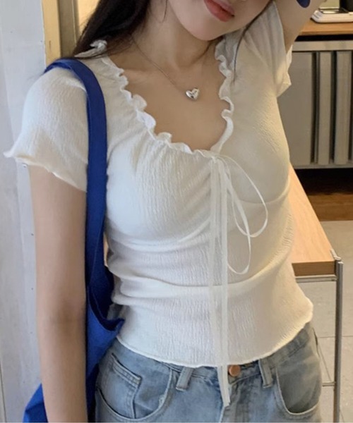 WESTSEA(ウエストシー)の「リボンデザイン フリルネック シャーリング半袖トップス(Tシャツ/カットソー・レディース・オフホワイト/ピンク・FREE)」の6枚目の写真