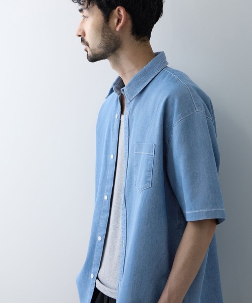NAVY（ネイビー）の「【NAVY / ネイビー】 ブリーズデニム 半袖レギュラーカラーシャツ（シャツ/ブラウス・メンズ・サックスブルー/オフホワイト/グレー/ブルー・S/M/L/XL）」の14枚目の写真