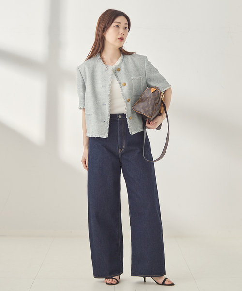 journal standard L'essage(ジャーナルスタンダードレサージュ)の「GIOLICA ツイードメッシュショートスリーブ ジャケット(ノーカラージャケット・レディース・グレー・FREE)」の2枚目の写真
