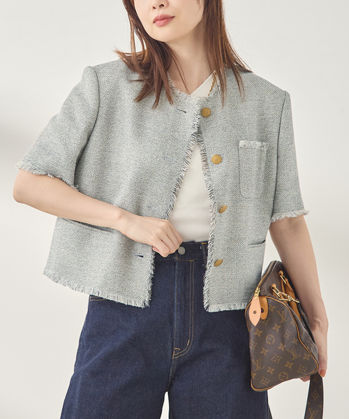 journal standard L'essage(ジャーナルスタンダードレサージュ)の「GIOLICA ツイードメッシュショートスリーブ ジャケット(ノーカラージャケット・レディース・グレー・FREE)」の3枚目の写真
