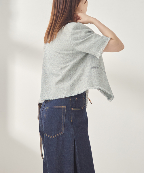 journal standard L'essage(ジャーナルスタンダードレサージュ)の「GIOLICA ツイードメッシュショートスリーブ ジャケット(ノーカラージャケット・レディース・グレー・FREE)」の4枚目の写真
