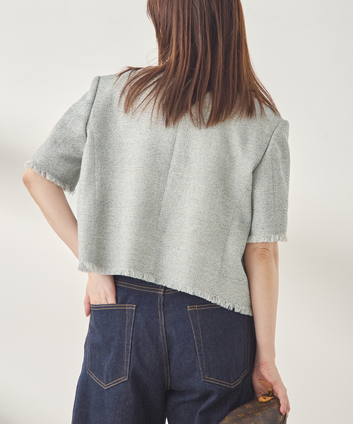 journal standard L'essage(ジャーナルスタンダードレサージュ)の「GIOLICA ツイードメッシュショートスリーブ ジャケット(ノーカラージャケット・レディース・グレー・FREE)」の5枚目の写真