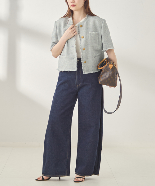 journal standard L'essage(ジャーナルスタンダードレサージュ)の「GIOLICA ツイードメッシュショートスリーブ ジャケット(ノーカラージャケット・レディース・グレー・FREE)」の6枚目の写真