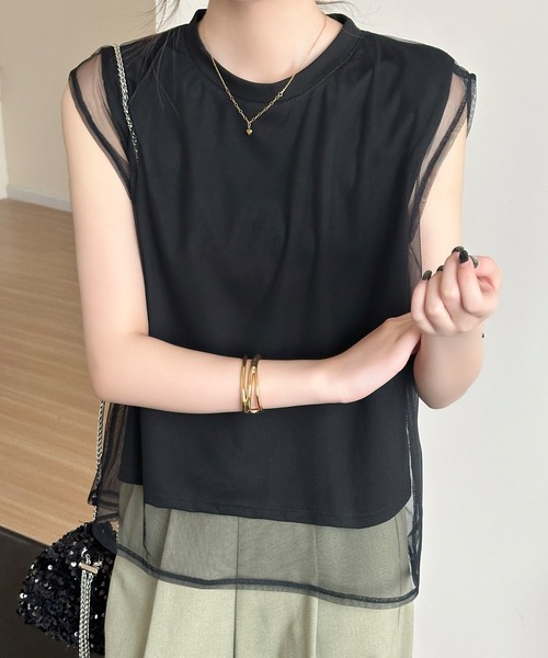DAY CLOSET(デイ クローゼット)の「透け感で魅せる。フレンチスリーブ風チュールレイヤードトップス レディース(Tシャツ/カットソー・レディース・ホワイト・L/M)」の7枚目の写真