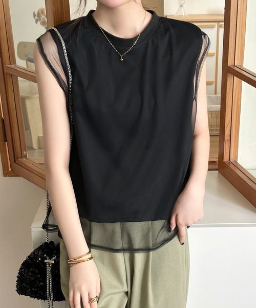 DAY CLOSET(デイ クローゼット)の「透け感で魅せる。フレンチスリーブ風チュールレイヤードトップス レディース(Tシャツ/カットソー・レディース・ホワイト・L/M)」の8枚目の写真
