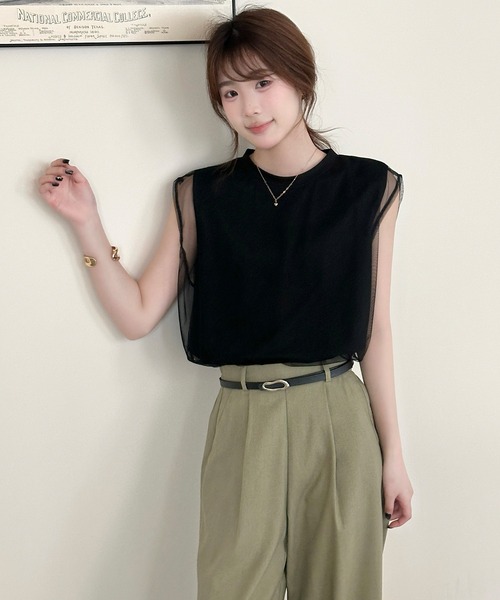 DAY CLOSET(デイ クローゼット)の「透け感で魅せる。フレンチスリーブ風チュールレイヤードトップス レディース(Tシャツ/カットソー・レディース・ホワイト・L/M)」の9枚目の写真