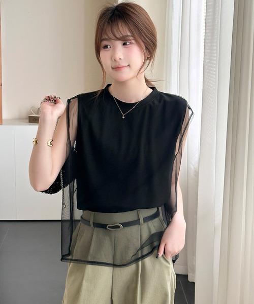 DAY CLOSET(デイ クローゼット)の「透け感で魅せる。フレンチスリーブ風チュールレイヤードトップス レディース(Tシャツ/カットソー・レディース・ホワイト・L/M)」の11枚目の写真