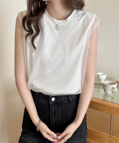 DAY CLOSET(デイ クローゼット)の「透け感で魅せる。フレンチスリーブ風チュールレイヤードトップス レディース(Tシャツ/カットソー・レディース・ホワイト・L/M)」の2枚目の写真