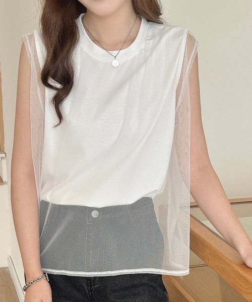 DAY CLOSET(デイ クローゼット)の「透け感で魅せる。フレンチスリーブ風チュールレイヤードトップス レディース(Tシャツ/カットソー・レディース・ホワイト・L/M)」の3枚目の写真