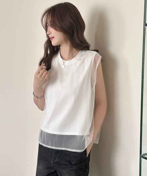 DAY CLOSET(デイ クローゼット)の「透け感で魅せる。フレンチスリーブ風チュールレイヤードトップス レディース(Tシャツ/カットソー・レディース・ホワイト・L/M)」の5枚目の写真