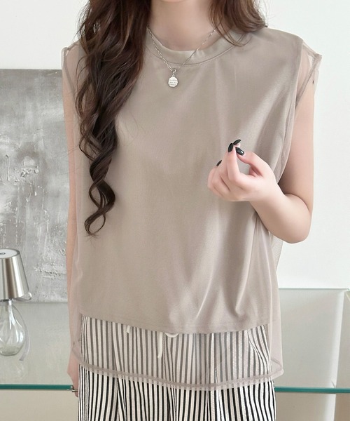 DAY CLOSET(デイ クローゼット)の「透け感で魅せる。フレンチスリーブ風チュールレイヤードトップス レディース(Tシャツ/カットソー・レディース・ホワイト・L/M)」の14枚目の写真