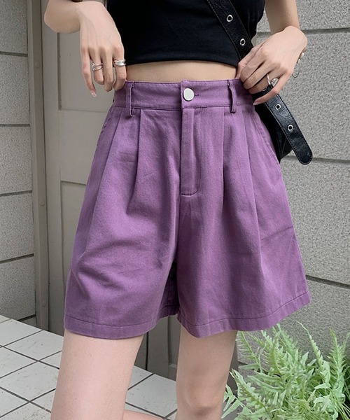2ly2(トゥーリートゥー)の「タック入りショートパンツ レディース ハイウエスト ワイドシルエット(その他パンツ・レディース・ホワイト/パープル/ブラック/ピンク/オレンジ/グリーン・FREE)」の4枚目の写真