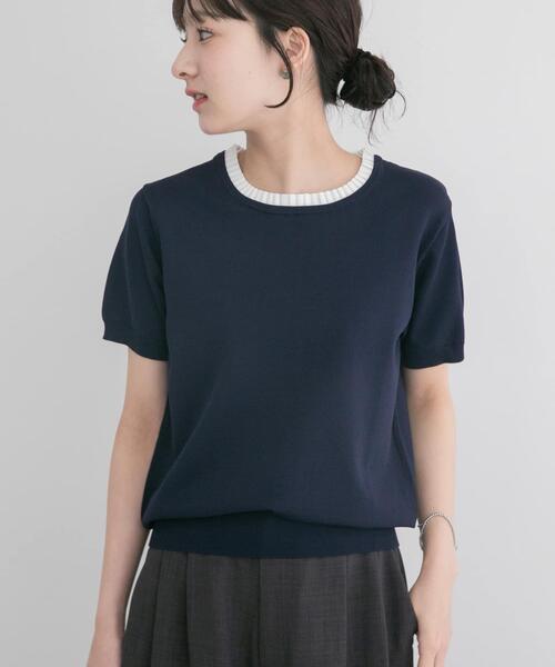 ITEMS URBANRESEARCH(アイテムズ アーバンリサーチ)の「フリルネック半袖ニットトップス(ニット/セーター・レディース・オフホワイト/グレー/ネイビー・FREE)」の3枚目の写真