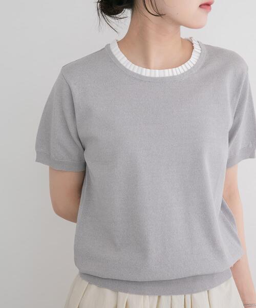 ITEMS URBANRESEARCH(アイテムズ アーバンリサーチ)の「フリルネック半袖ニットトップス(ニット/セーター・レディース・オフホワイト/グレー/ネイビー・FREE)」の4枚目の写真