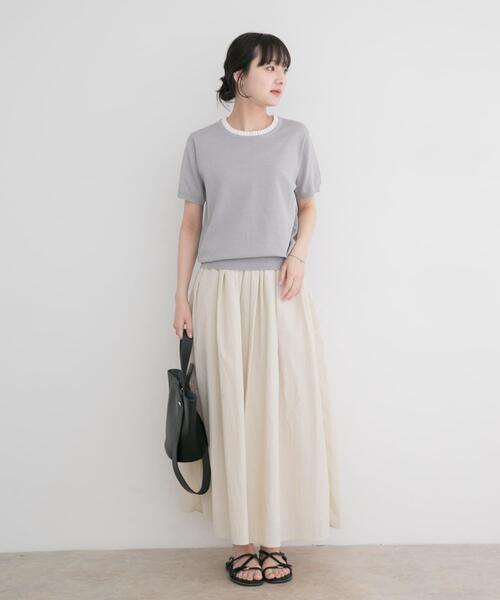 ITEMS URBANRESEARCH(アイテムズ アーバンリサーチ)の「フリルネック半袖ニットトップス(ニット/セーター・レディース・オフホワイト/グレー/ネイビー・FREE)」の7枚目の写真