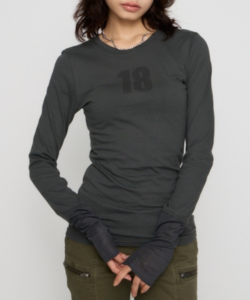 LAGUA GEM(ラグアジェム)の「NUMBER LONG SLEEVES チュニック(Tシャツ/カットソー・レディース・ライトベージュ/チャコールグレー/カーキ・FREE)」の1枚目の写真
