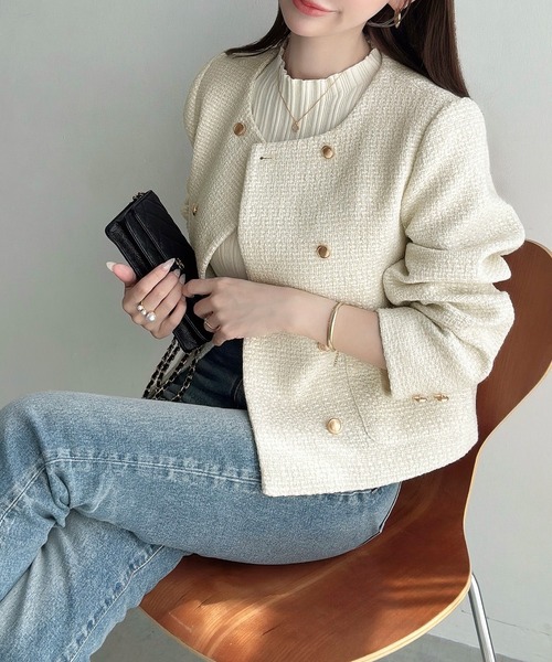 Meiru（メイル）の「ツイードダブルノーカラーショートジャケット（ノーカラージャケット・レディース・ブラック/ピンク/アイボリー・LARGE/MEDIUM/SMALL）」の12枚目の写真