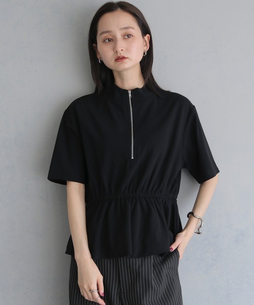 &g'aime(アンジェム)の「【&g'aime 】ハーフジップペプラムトップス Half-Zip Peplum Top(Tシャツ/カットソー・レディース・ブラック/ホワイト・FREE)」の1枚目の写真