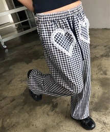 レース×ハートデザインギンガムチェックワイドパンツ