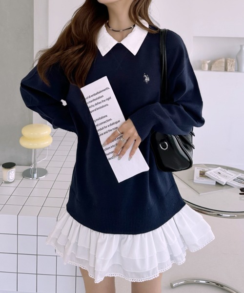 U.S. POLO ASSN.(ユーエスポロアッスン)の「【Ada.別注 U.S. POLO ASSN.】 シャツ ドッキング フリル バックリボン ミニワンピ チュニック(ワンピース・レディース・ネイビー/キャメル/グレー・FREE)」の7枚目の写真