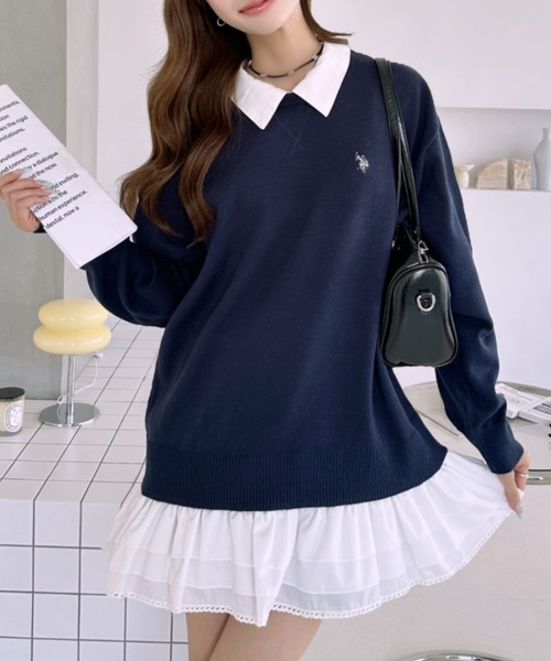 U.S. POLO ASSN.(ユーエスポロアッスン)の「【Ada.別注 U.S. POLO ASSN.】 シャツ ドッキング フリル バックリボン ミニワンピ チュニック(ワンピース・レディース・ネイビー/キャメル/グレー・FREE)」の11枚目の写真