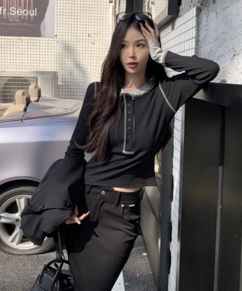 SHERU(シェル)の「バイカラー ヘンリーネックタイト長袖Tシャツ ロンT(Tシャツ/カットソー・レディース・グレー/ブラック・M)」の14枚目の写真