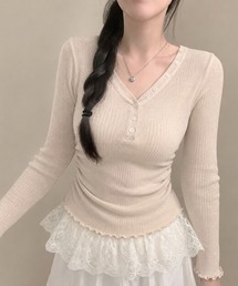 26aw 四色展開/アシンメトリーボタンVネックサイドギャザーリブニットトップス