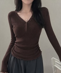 26aw 四色展開/アシンメトリーボタンVネックサイドギャザーリブニットトップス