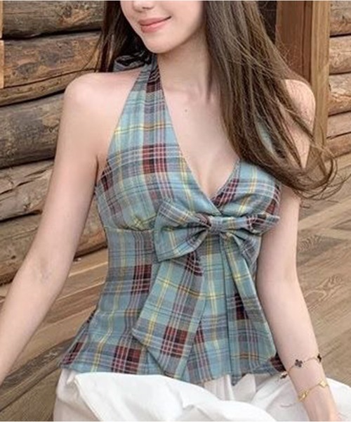 AsheKsha(アシクシャ)の「チェックリボンVネックハルターネックノースリーブトップス(Tシャツ/カットソー・レディース・マルチ・M)」の18枚目の写真