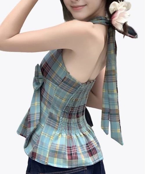 AsheKsha(アシクシャ)の「チェックリボンVネックハルターネックノースリーブトップス(Tシャツ/カットソー・レディース・マルチ・M)」の19枚目の写真