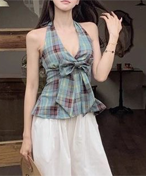 AsheKsha(アシクシャ)の「チェックリボンVネックハルターネックノースリーブトップス(Tシャツ/カットソー・レディース・マルチ・M)」の21枚目の写真