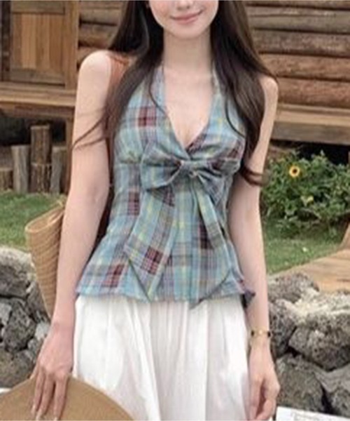 AsheKsha(アシクシャ)の「チェックリボンVネックハルターネックノースリーブトップス(Tシャツ/カットソー・レディース・マルチ・M)」の22枚目の写真