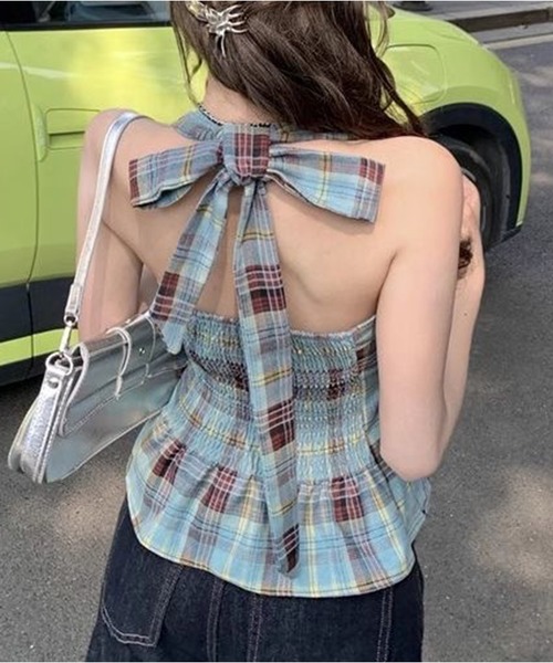AsheKsha(アシクシャ)の「チェックリボンVネックハルターネックノースリーブトップス(Tシャツ/カットソー・レディース・マルチ・M)」の3枚目の写真