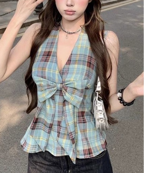AsheKsha(アシクシャ)の「チェックリボンVネックハルターネックノースリーブトップス(Tシャツ/カットソー・レディース・マルチ・M)」の4枚目の写真