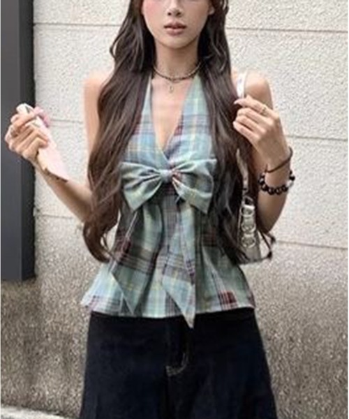 AsheKsha(アシクシャ)の「チェックリボンVネックハルターネックノースリーブトップス(Tシャツ/カットソー・レディース・マルチ・M)」の5枚目の写真