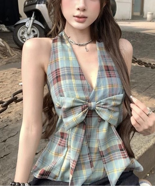 AsheKsha(アシクシャ)の「チェックリボンVネックハルターネックノースリーブトップス(Tシャツ/カットソー・レディース・マルチ・M)」の6枚目の写真