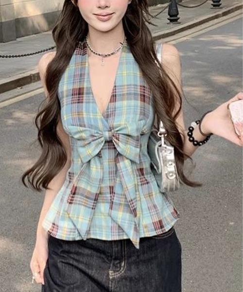 AsheKsha(アシクシャ)の「チェックリボンVネックハルターネックノースリーブトップス(Tシャツ/カットソー・レディース・マルチ・M)」の8枚目の写真