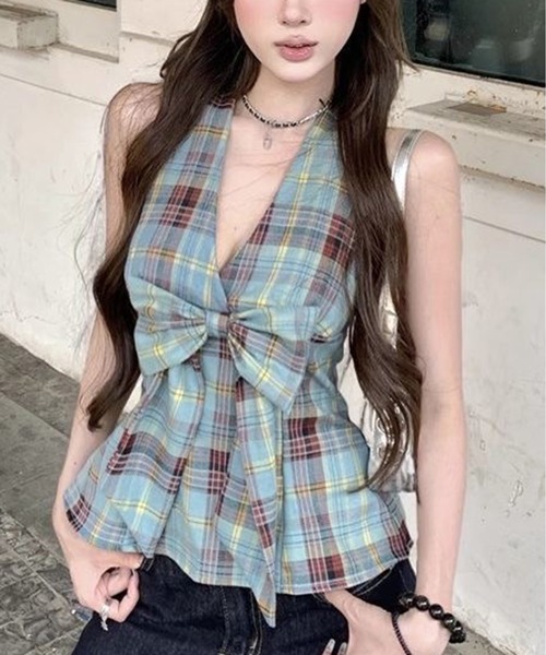 AsheKsha(アシクシャ)の「チェックリボンVネックハルターネックノースリーブトップス(Tシャツ/カットソー・レディース・マルチ・M)」の10枚目の写真