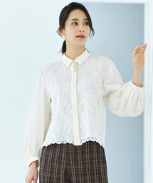 レースブロッキングクロップド丈 シャツ