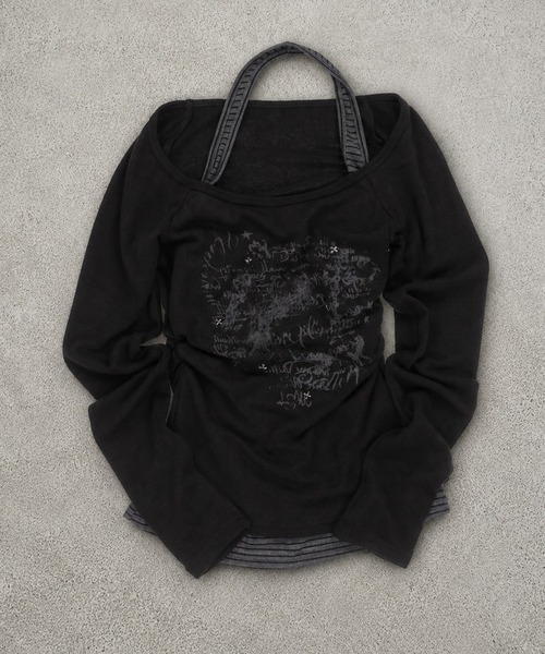 SPINNS(スピンズ)の「ホルターネック長袖カットソー/ボーダーロゴ/ストリート女子(Tシャツ/カットソー・レディース・チャコール/ブラック・ONESIZE)」の12枚目の写真
