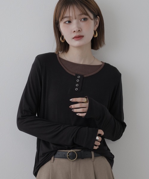 Arinomama(アリノママ)の「Arinomama 薄手シア バイカラーヘンリーネック ロンT(Tシャツ/カットソー・レディース・ブラウン/グレー/ネイビー/ブラック/アイボリー・FREE)」の2枚目の写真