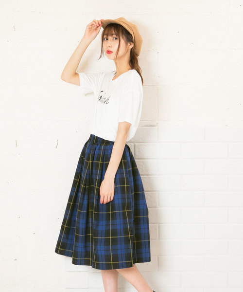 KOBE LETTUCE（コウベレタス）の「マドラスチェックミディアム丈フレアスカート＊ボトムス/レディース[M2192]神戸レタス（スカート・レディース・ブルー系その他/パープル系その他/ブラック系その他・FREE）」の2枚目の写真