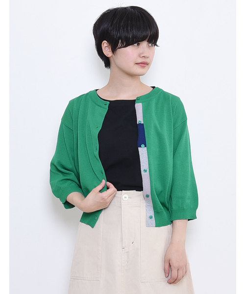 POU DOU DOU（プードゥドゥ）の「UVカット 下前立て配色クルーネックカーディガン（カーディガン/ボレロ・レディース・グレー/イエロー/グリーン/ブラック・3）」の4枚目の写真