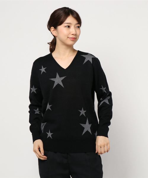 INTERPLANET（インタープラネット）の「スターラメジャガードＶネック（ニット/セーター・レディース・ブラック/グレー/オフホワイト・FREE）」の3枚目の写真