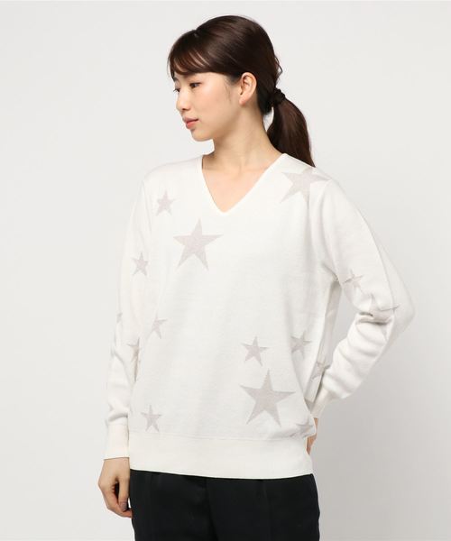 INTERPLANET（インタープラネット）の「スターラメジャガードＶネック（ニット/セーター・レディース・ブラック/グレー/オフホワイト・FREE）」の8枚目の写真