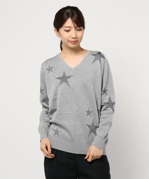 INTERPLANET（インタープラネット）の「スターラメジャガードＶネック（ニット/セーター・レディース・ブラック/グレー/オフホワイト・FREE）」の9枚目の写真