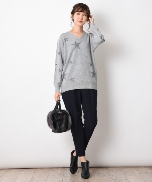 INTERPLANET（インタープラネット）の「スターラメジャガードＶネック（ニット/セーター・レディース・ブラック/グレー/オフホワイト・FREE）」の10枚目の写真