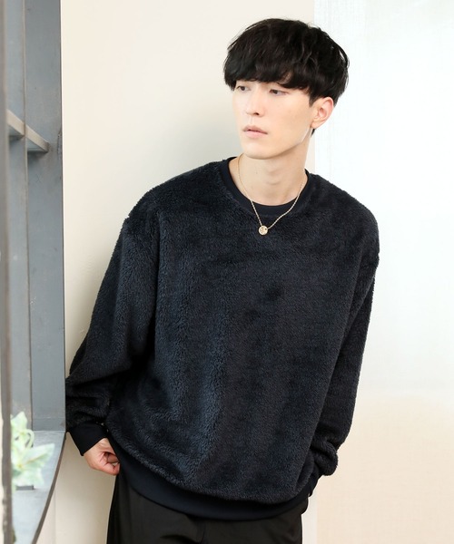 TopIsm（トップイズム）の「ワイドシルエット シャギーボア クルーネックカットソー（スウェット・メンズ・ブラック/ベージュ/グレー/アイボリー/モカ/ワイン/ネイビー/ホワイト/ネイビー系/ライトグリーン/ブルー/ライトパープル/ワインレッド・LL/M/L）」の8枚目の写真