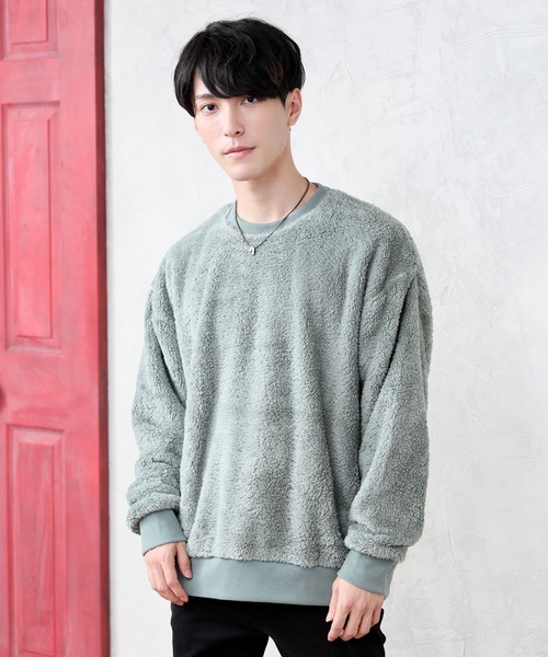 TopIsm（トップイズム）の「ワイドシルエット シャギーボア クルーネックカットソー（スウェット・メンズ・ブラック/ベージュ/グレー/アイボリー/モカ/ワイン/ネイビー/ホワイト/ネイビー系/ライトグリーン/ブルー/ライトパープル/ワインレッド・LL/M/L）」の7枚目の写真
